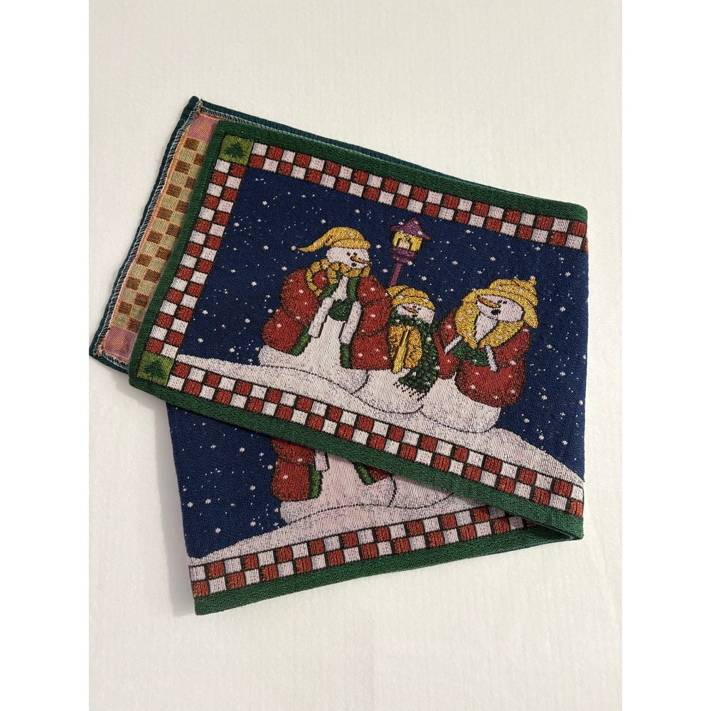 Vintage Woven Tapestry Snowman Family‎ Christmas Table Runner Navy Blue 70x13